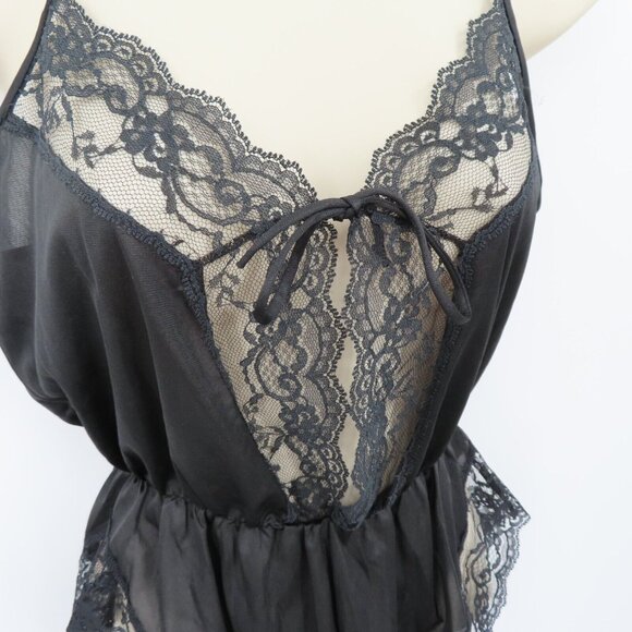 VTG Ms Leslee Small Black Lace Trim Spaghetti Strap Front Tie Playsuit One Piece - Picture 3 of 10